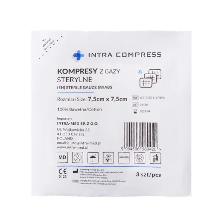 Kompres z gazy jałowy 7,5x7,5cm 100 blistrów po 3 szt. Intra Compress / G1817 / INTRA-MED